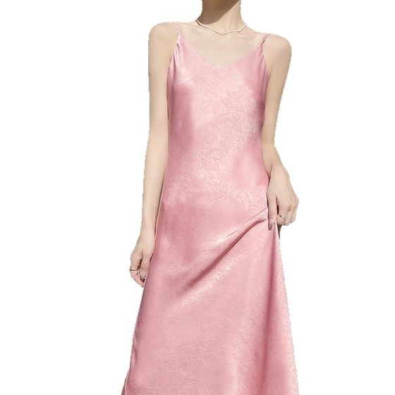 French Style Elegant Socialite Sling dress Women's Summer New Style Silky Satin Grab Flower Loose Slimming Long Dress Trendy