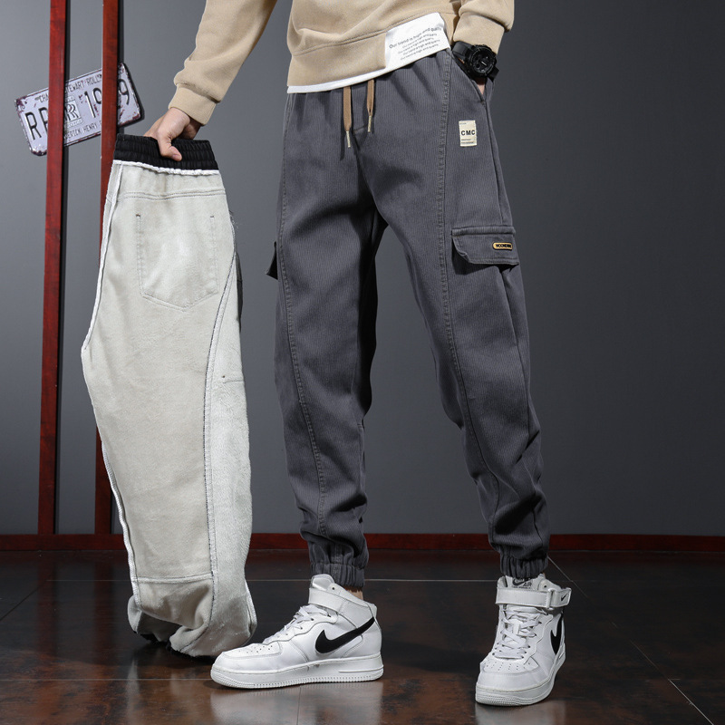 Pantalones casuales de otoño e invierno para hombres pantalones completos ropa de trabajo suelta con forro polar Pantalones deportivos pantalones de terciopelo engrosados de una sola pieza para hombres