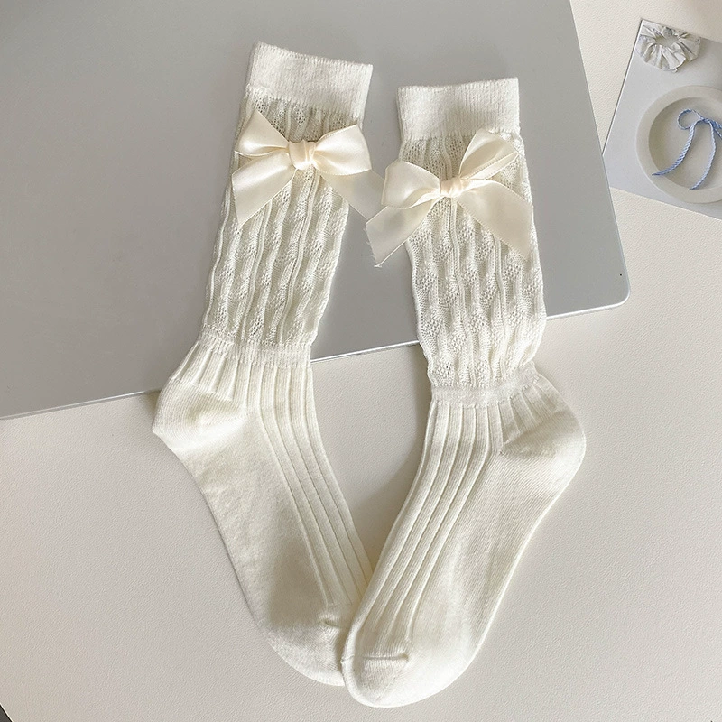 Lace tights with bow, summer thin white socks, mid-length