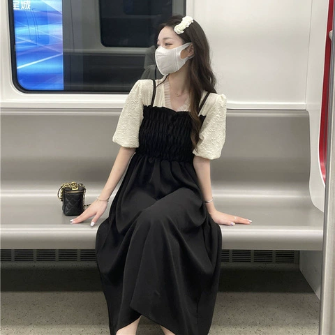 Женское летнее платье-двойка 2024, новая французская юбка с коротким рукавом и V-образным вырезом, облегающая Талия, средней длины