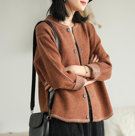 Autumn New Vintage Artistic Cardigan Jacket Women's Knitted Loose Casual Round Neck Top All-match Slim 368