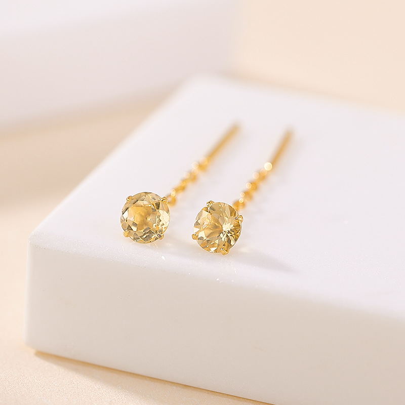 Bông tai bạc S925 hình học tròn đính đá citrine vàng đơn giản cá tính — Mẫu vàng Citrine