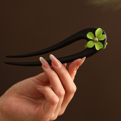 綠花雙面檀木髮簪女古風新中式氣質盤髮簪子現代簡約木髮釵髮飾