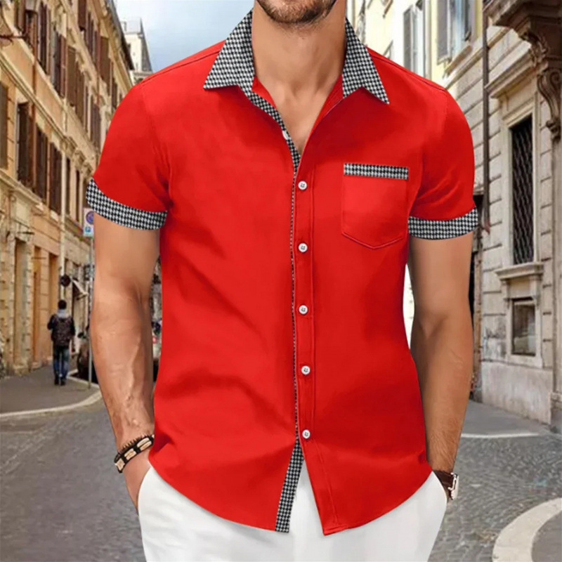 Cross-border red houndstooth patchwork men's short-sleeve shirt with pockets, trendy casual turn-down collar new cardigan top Cross-border red houndstooth patchwork men's short-sleeve shirt with pockets, trendy casual turn-down collar new cardigan top