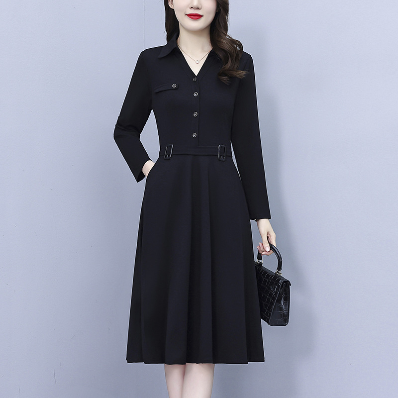 N2376 black long-sleeved single-breasted shirt dress, 2026 autumn/winter new collection, suitable for work, with a fitted waist and long black skirt N2376 black long-sleeved single-breasted shirt dress, 2026 autumn/winter new collection, suitable for work, with a fitted waist and long black skirt