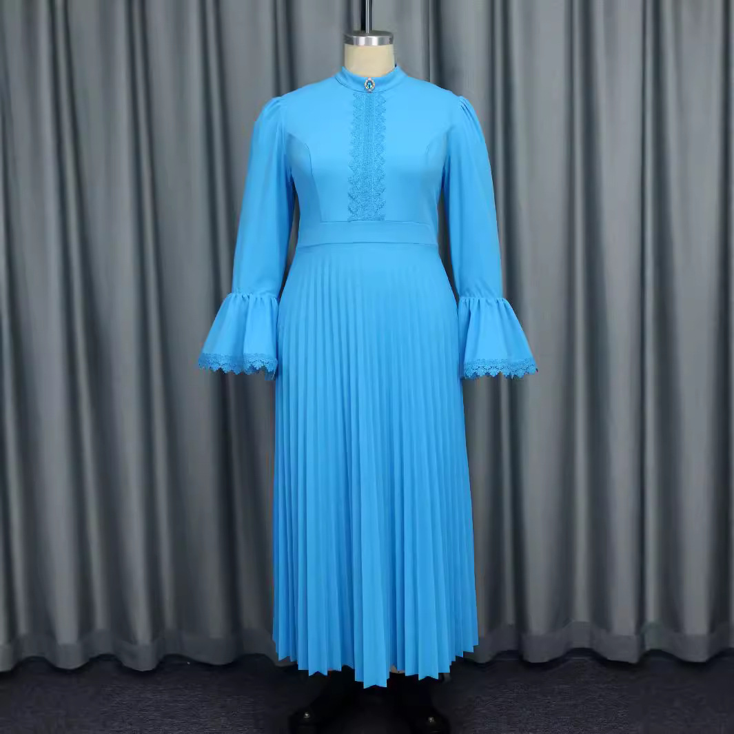 Women's Clothing solid color elegant big swing skirt dress pleated party trumpet sleeve dress _voghion.com