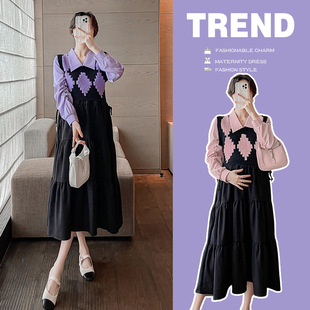 Real shot maternity clothes autumn new wisteria garden new fake two-piece diamond patchwork sweater dress