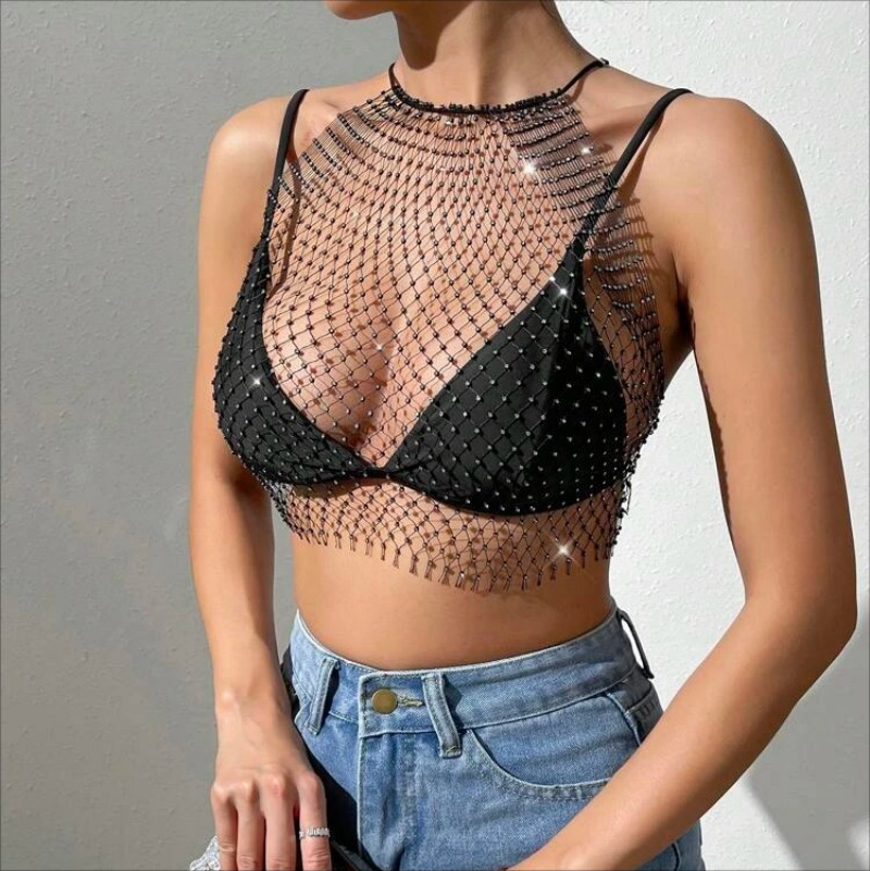 Ropa de mujer europea y americana Amazon transfronteriza malla popular rhinestone red de pesca cabestrillo sexy hueco chica caliente Honda hembra