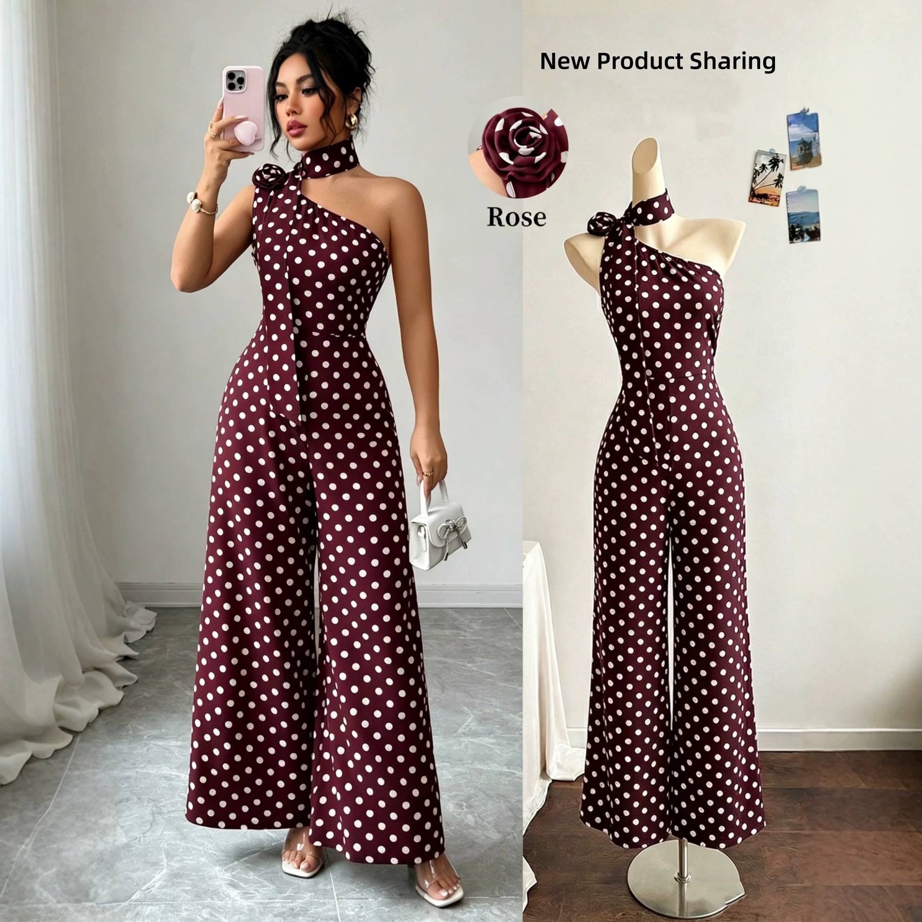 European and American Cross-Border Summer New Polka Dot Print Fashion Sexy One-Shoulder Sleeveless Slim-Fit Elegant Jumpsuit
