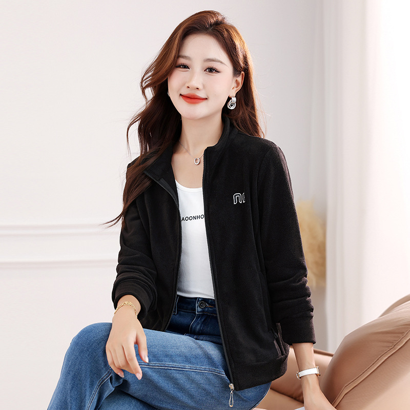 时尚休闲立领双面绒抓绒衣绒衫外套女秋冬中年妈妈装保暖夹克开衫|undefined