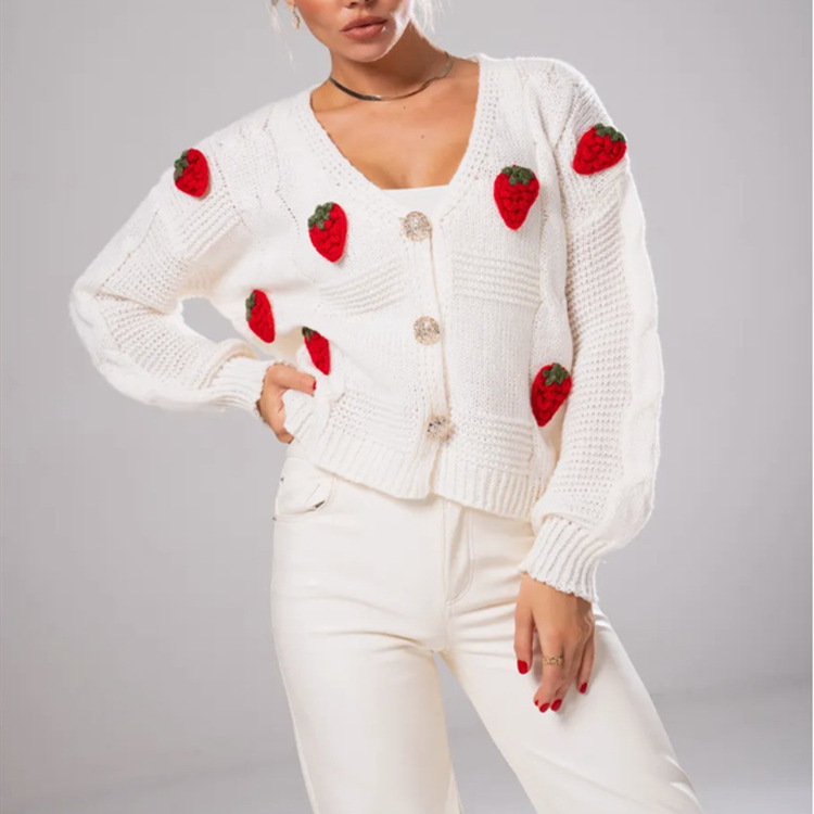 Cross-Border Amazon Casual Loose Three-Dimensional Strawberry Embroidery Thick Hemp Single-Breasted Knitted Sweater Jacket Cardigan for Women Cross-Border Amazon Casual Loose Three-Dimensional Strawberry Embroidery Thick Hemp Single-Breasted Knitted Sweater Jacket Cardigan for Women