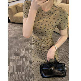 老钱风松弛感轻奢蝴蝶结碎花短袖连衣裙女夏修身收腰显瘦包臀长裙