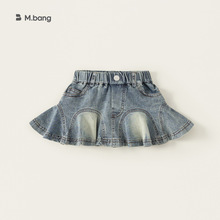 宥宝童装夏季儿童时尚裙子复古花瓣裙摆半身裙女小童水洗牛仔短裙