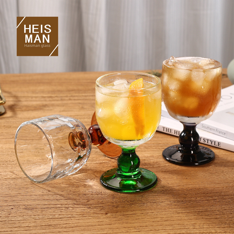 海思曼復古彩珠果酒杯中古高腳杯冷飲小酒杯玻璃透明酒杯紅酒杯