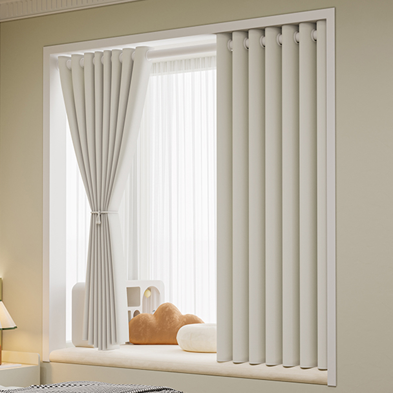 Bedroom Full Blackout Curtains, No Drilling Required, Installation for 5 New Living Room Balcony Bay Window Sunshade Fabric with Rods, Complete Set