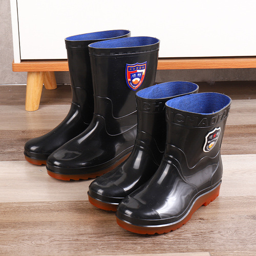 Waterproof PVC black plus velvet high tube men's labor protection rain boots non-slip long tube tendon bottom construction site water shoes wholesale for men