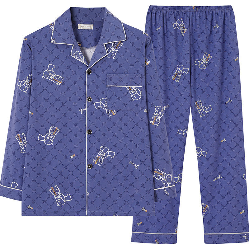 Pijamas pantalones de manga larga para hombre primavera y otoño verano más tamaño % Algodón puro verde de mediana edad cardigan homewear traje de dos piezas