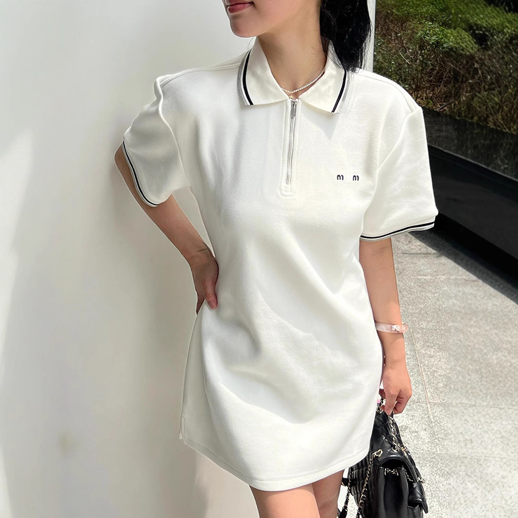 MM撞色领连衣裙刺绣字母夏季修身显瘦简约潮牌POLO衫短袖长款T恤