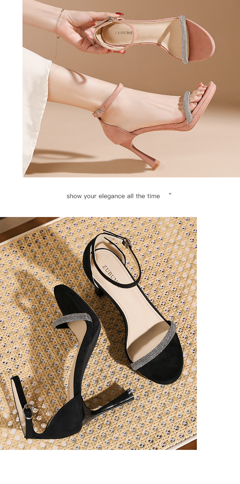 Sandal cao gót nữ quai ngang đính đá mũi nhọn gót 9 cm — màu hồng nude chi tiết 7