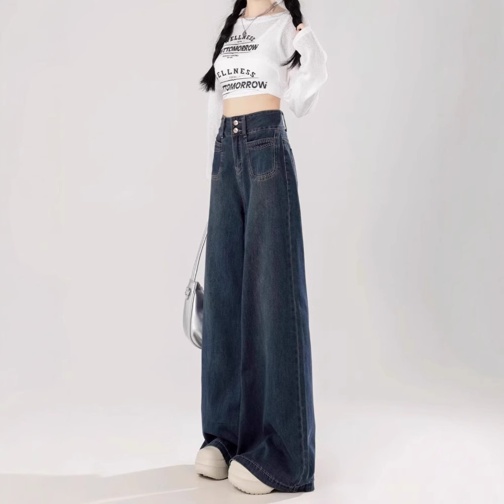 Plus-Size Relaxed Fit Jeans For Women – High-Waisted Wide-Leg Denim Pants With Flannel Lining (Dark Blue, S-2xl)_voghion.com