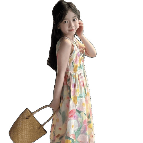 Bodysuit Dress 2025 Summer Middle-Size Girls' Oil Painting Style Large Flower Long Dress Summer Vacation Style Long Skirt