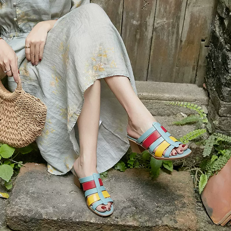 拼色真皮拖鞋女夏季外穿舒适羊皮高跟拖鞋复古时尚摩登女郎凉鞋