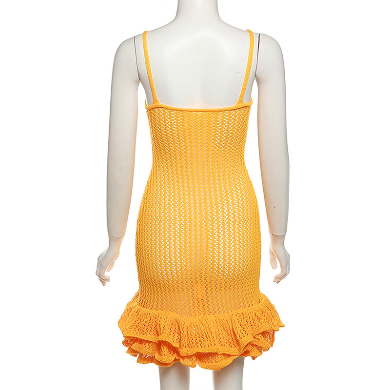 2024 Abito da donna nuovo sexy con bordo auricolare in legno cavo, lavorato a maglia, con fascia avvolgente_voghion.com