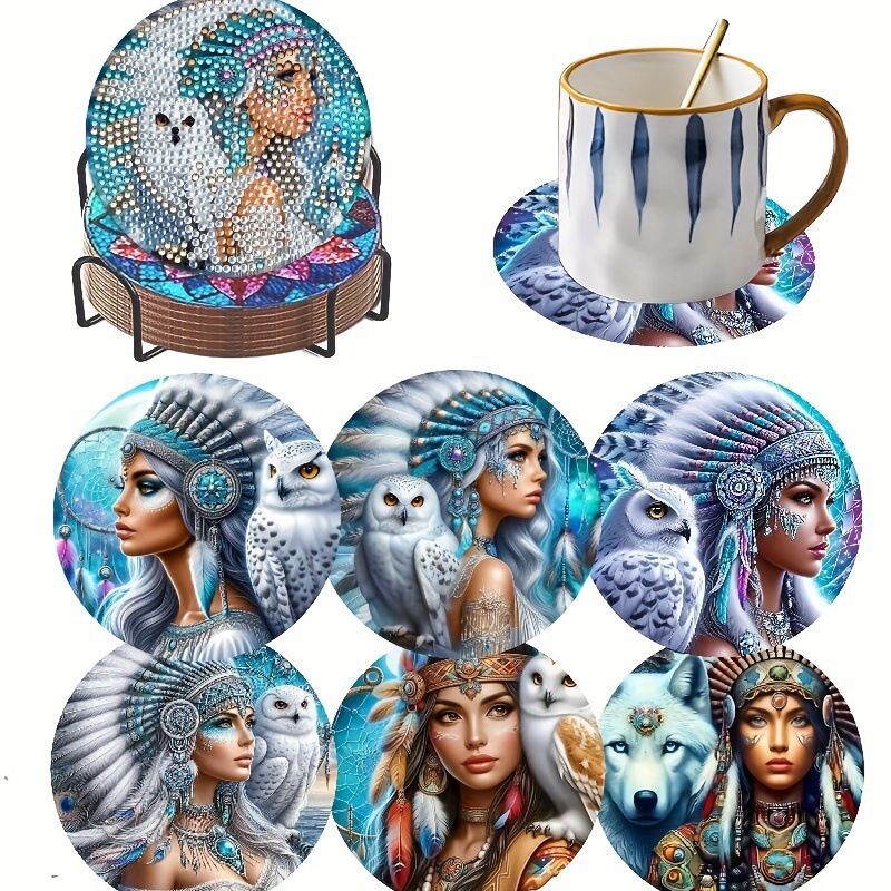 Ventas transfronterizas calientes de 8 piezas de conjunto de cojín de taza de arte de diamante, con soporte, pequeño conjunto de pintura de diamante, adecuado para adultos