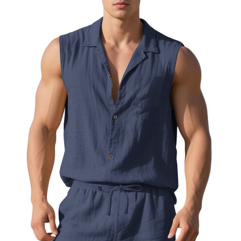 Cross-Border European and American Fashion Lapel Linen Shirt Men's Summer Thin Loose Simple Casual Sleeveless Cardigan T-Shirt Vest