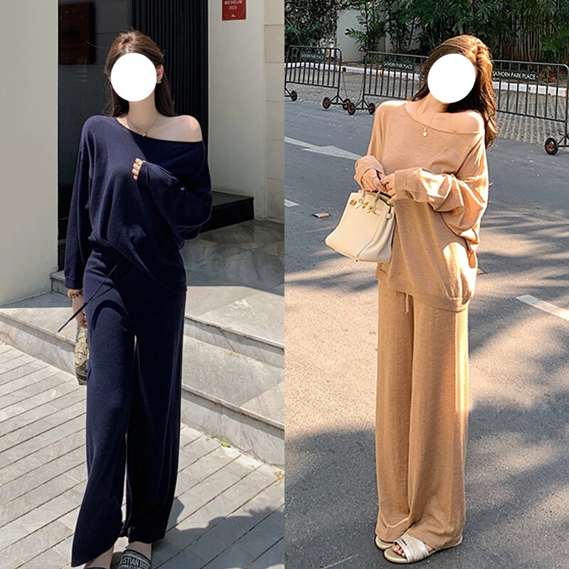 7659韩版慵懒风秋季新款设计感辣妹斜肩针织上衣松驰感阔腿裤套装|undefined