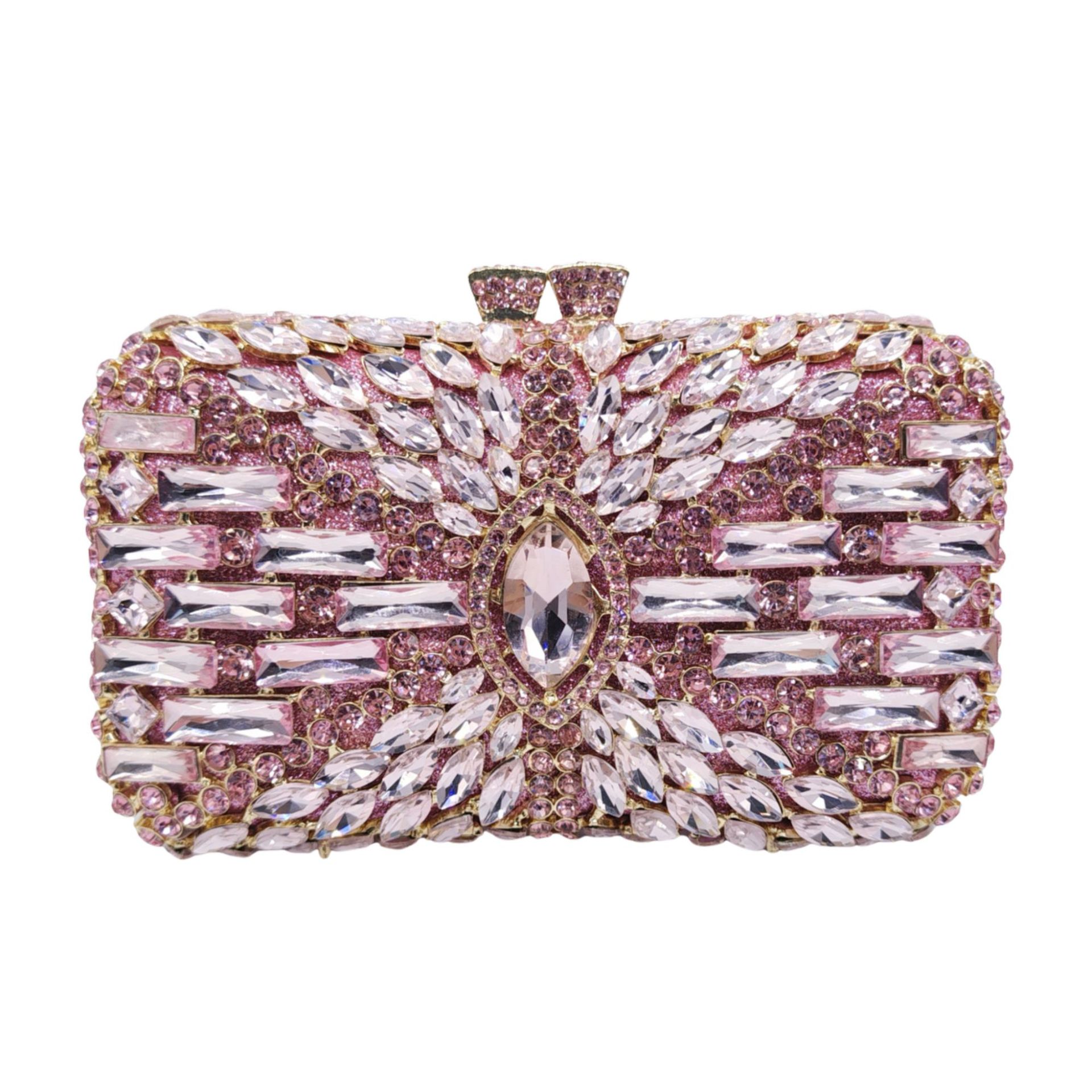 Túi clutch nữ đính đá rhinestone hộp cứng kim loại cầm tay dạ hội — Màu hồng, Hoa violet, Đế vàng kim cương, Màu sâm panh