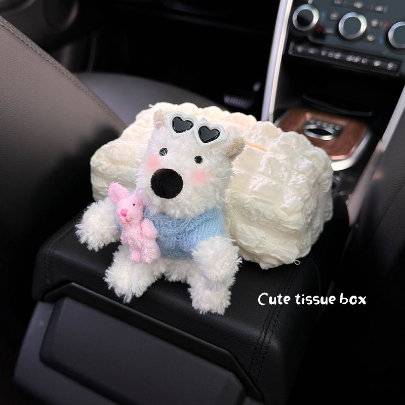 Caja de reposabrazos Caja de pañuelos Caja de dibujo para coche 2024 Nueva muñeca West Highland Decoración de coche Bolsa de pañuelos Mujer linda