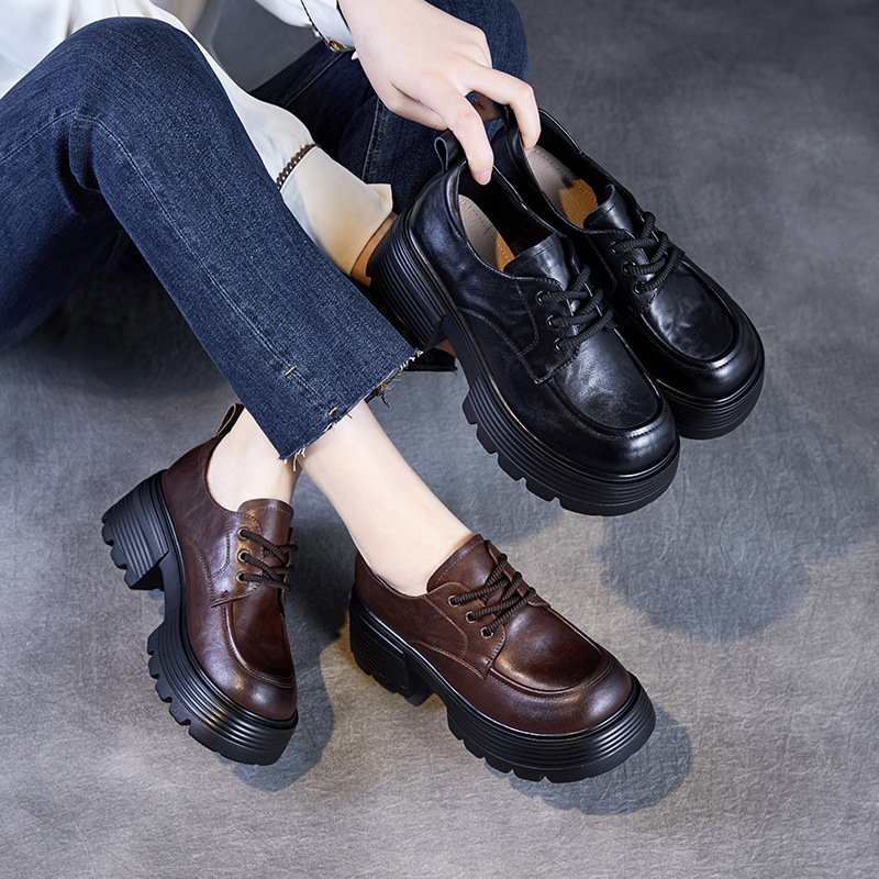 2025春季新款真皮女鞋子厚底英伦手抓纹牛皮小皮鞋系带单鞋乐福鞋