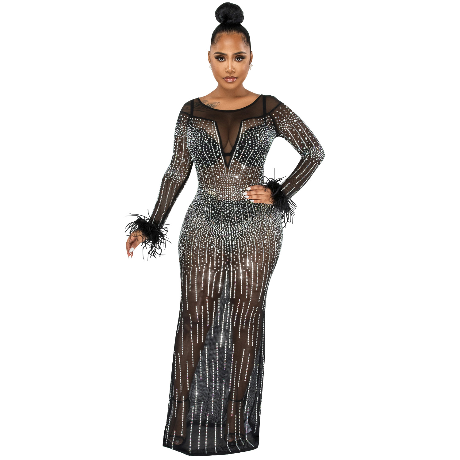 X5605 AliExpress deseo de moda discoteca fiesta perforación caliente malla ver-a través de manga larga vestido de las mujeres image 6