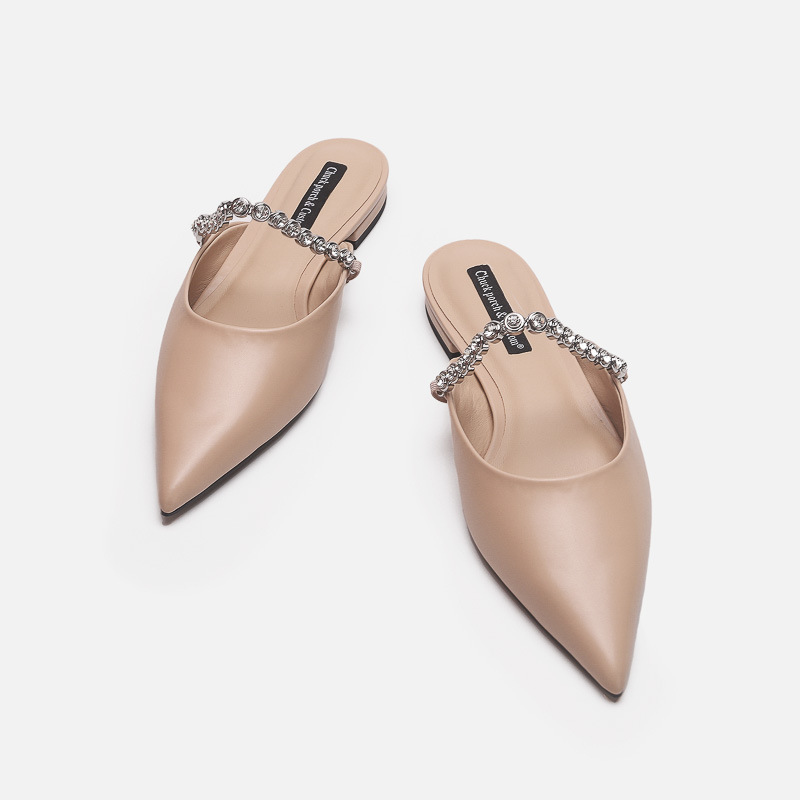 Silver Gemstone Chain Pointed Toe Mules For Women Elegant Flats_voghion.com