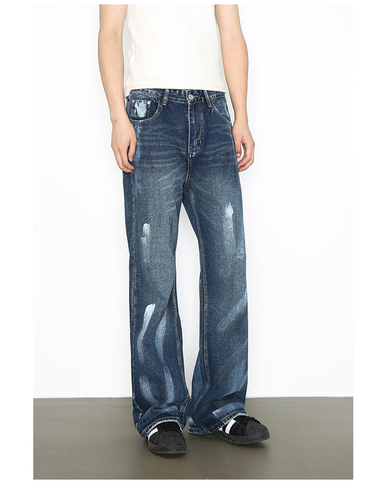Hand-Painted American Style Straight-Leg Jeans For Men - Vintage Washed Denim Pants With Flared Hem, Comfortable Cotton Blend Fabric_mkmklike.com
