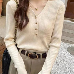 小香风内搭打底衫女春秋修身显瘦软糯毛衣洋气V领长袖针织衫上衣