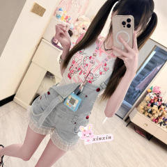 亚萌少女蕾丝拼接牛仔背带短裤女水洗浅色收腰显瘦a字包臀热裤子
