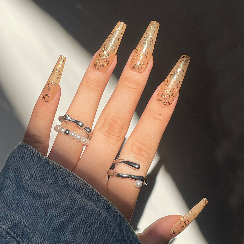 Cross-border long ballet golden glitter sequins flash wear armor European and American nail nail stickers finished fake nails wholesale