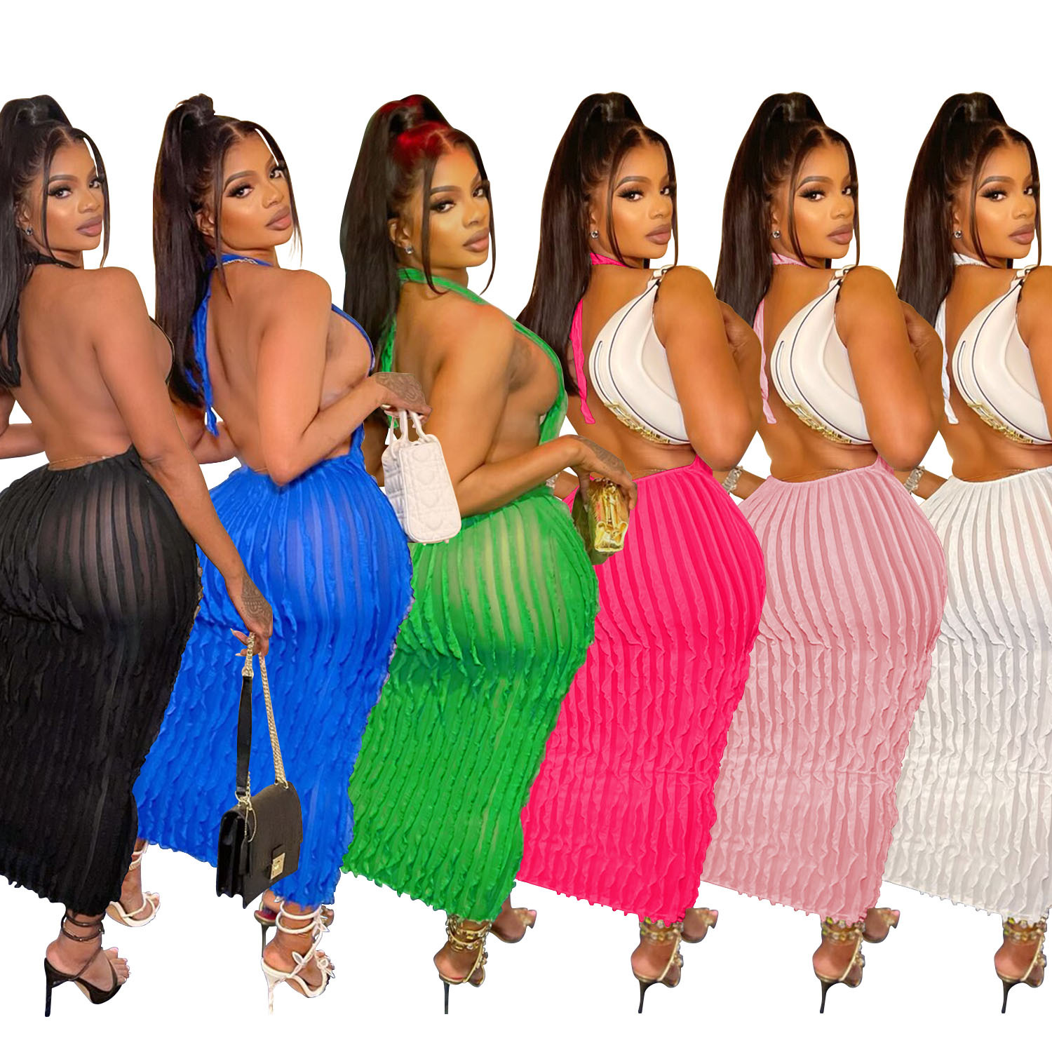 C6605 transfronteriza AliExpress Amazon moda europea y americana de las mujeres de color sólido patrón de onda hueca vestido de las mujeres