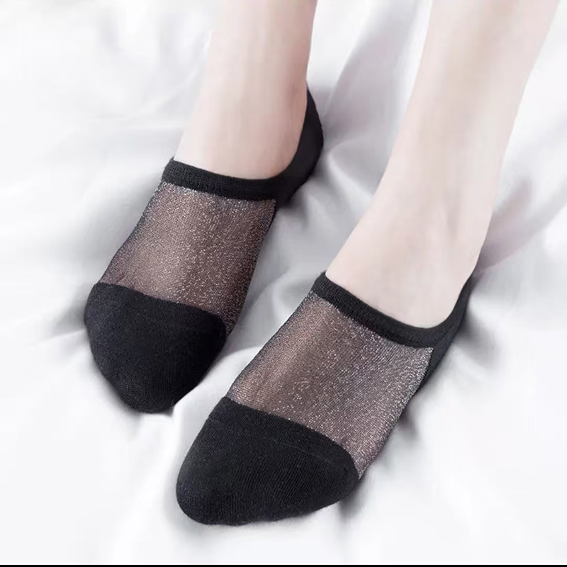 Bright Stockings for Women in Summer, Thin Shallow Mouth Invisible Boat Socks, Gold and Silver Silk Silicone Non-Slip, Non-Falling, Ultra-Thin and Breathable