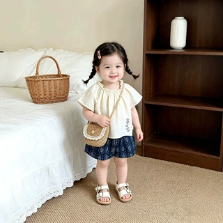 韩系女童清新刺绣两件套婴儿夏装泡泡袖娃娃衫搭配藏青印花短裤