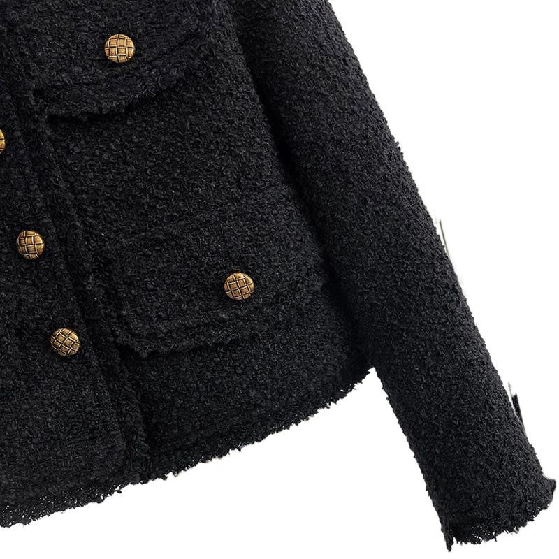 Черная короткая осенняя куртка, тонкая длинная рукав, стиль Chanel, городской стиль