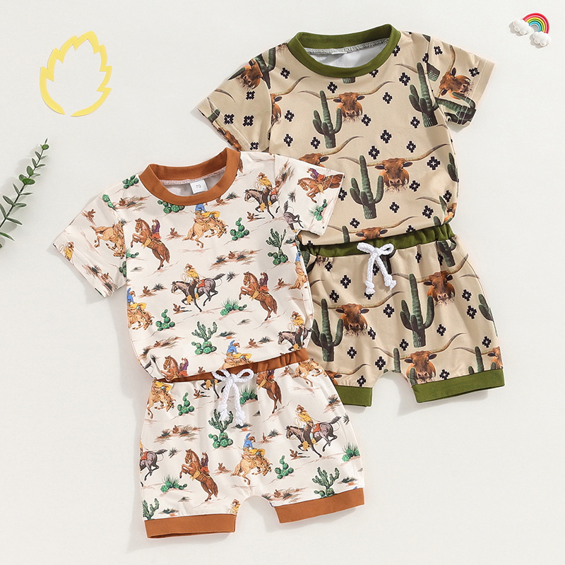Foreign trade summer baby clothes summer men's baby western element wrangler printed short sleeve shorts two-piece set