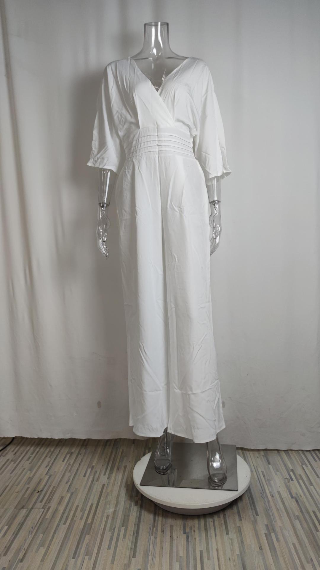 Women's Clothing 2024 plus size women's clothing ins wide leg solid color V neck simple fashion jumpsuit_voghion.com