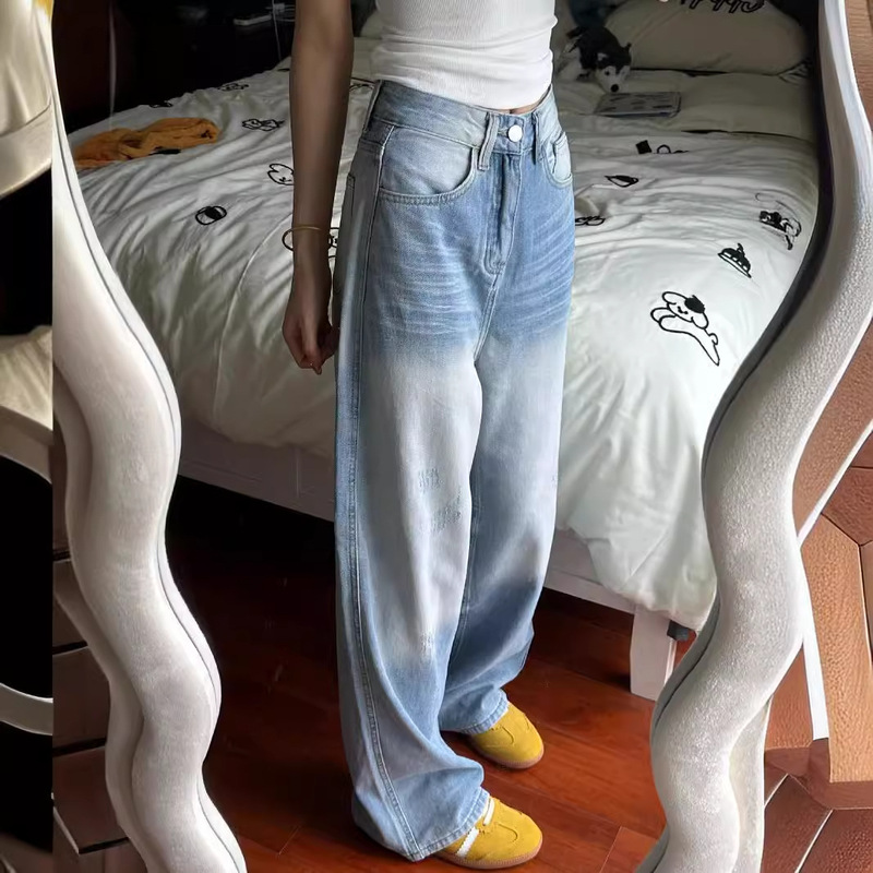 美式宽松垂感阔腿牛仔裤女复古高腰显瘦新款2024春秋高街拖地裤子|undefined