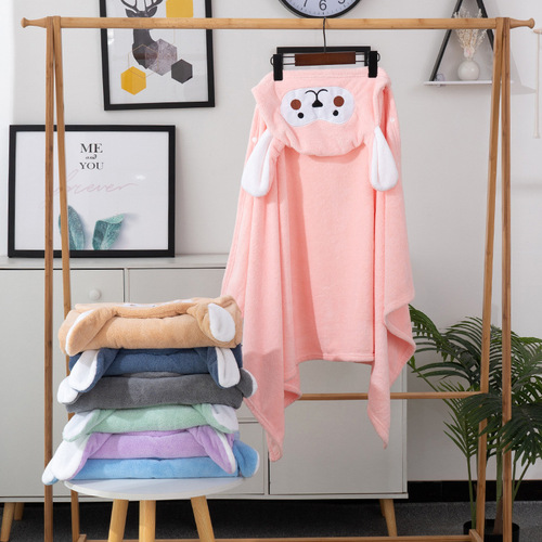 Children's coral velvet hooded cloak, thickened bath towel, embroidered cloak, soft and wearable in all seasons, skin-friendly, absorbent and lint-free