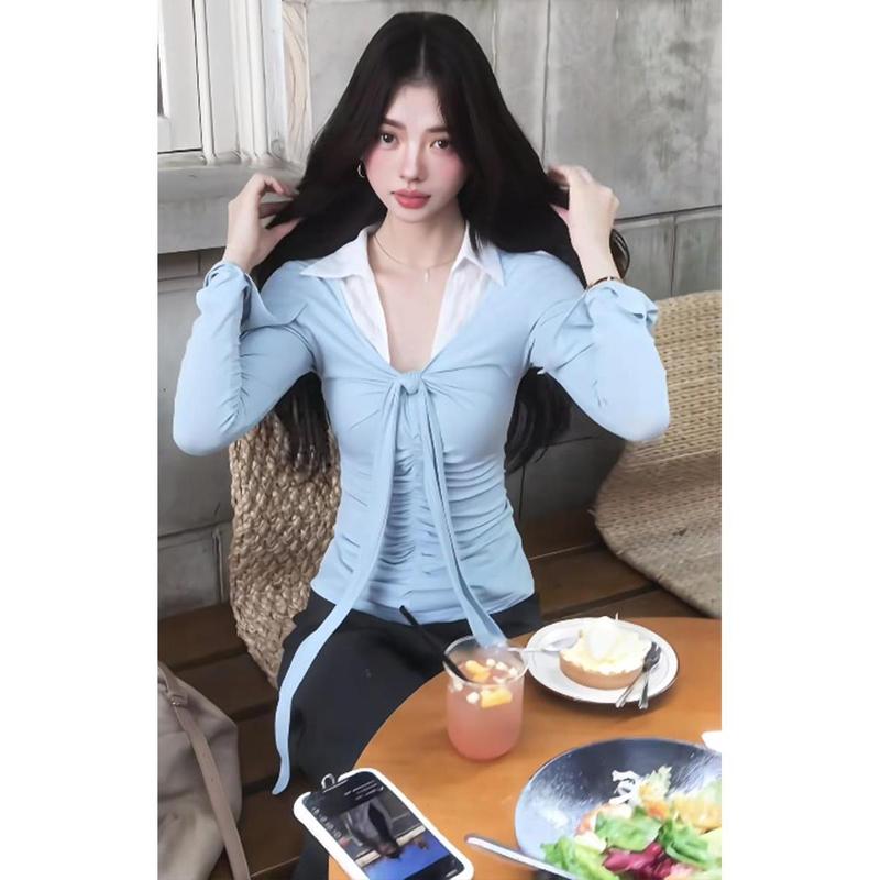 扭结设计感绑带拼接翻领上衣搭配鱼尾半身裙两件套女夏季|undefined