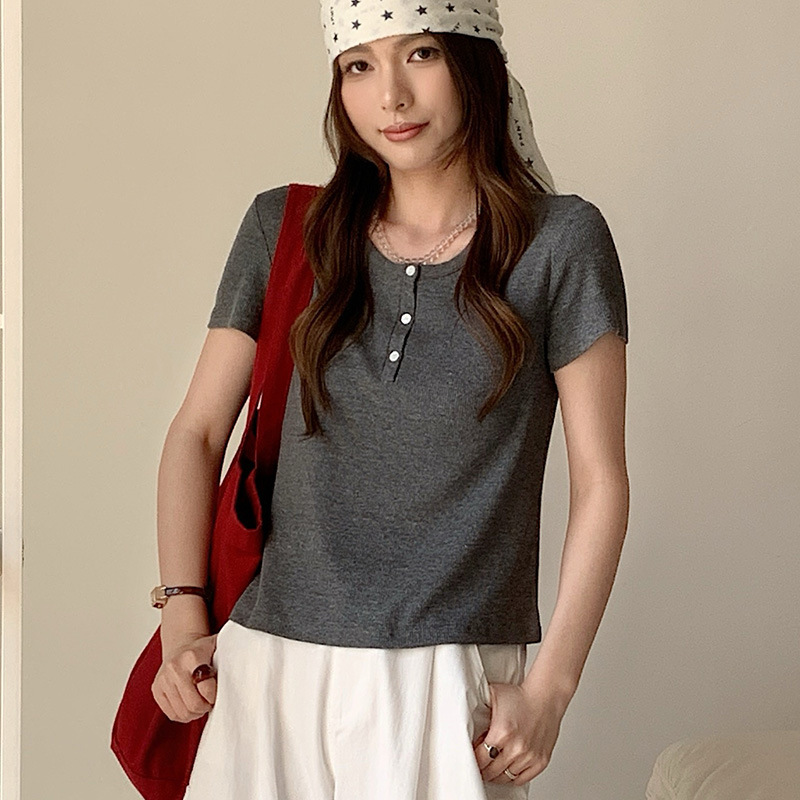 Sen Island Acetic Acid Linen Simple Button Pullover Short Sleeve Round Neck Spring/Summer Korean Style Casual Solid Color Top T-Shirt for Women Sen Island Acetic Acid Linen Simple Button Pullover Short Sleeve Round Neck Spring/Summer Korean Style Casual Solid Color Top T-Shirt for Women