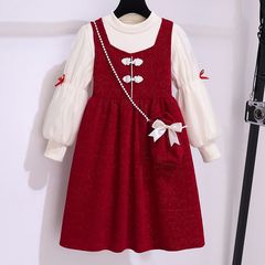 Girls' Dress Set Winter New Year's Greeting Dress Chinese Style Thick Long Sleeve Bodice Dress Princess Dress Two-Piece Set